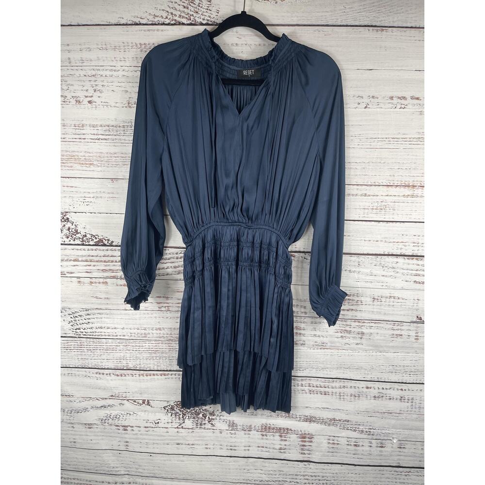 Reset Dress Women's SZ S Blue Long Sleeve Pleated Smocked Waist Mini Boho Style